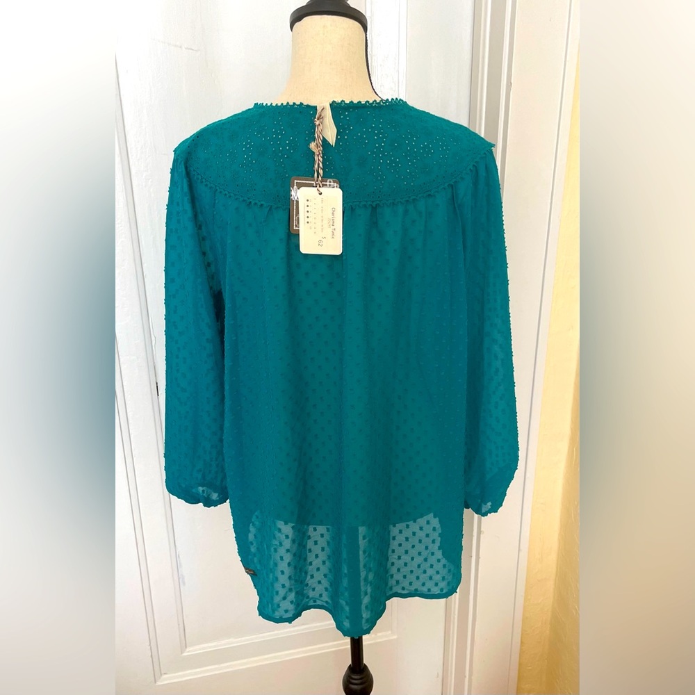 Matilda Jane NWT Women's Medium Shirt Top Teal Blue/Green Sheer Swiss Dot Size M - Picture 5 of 10